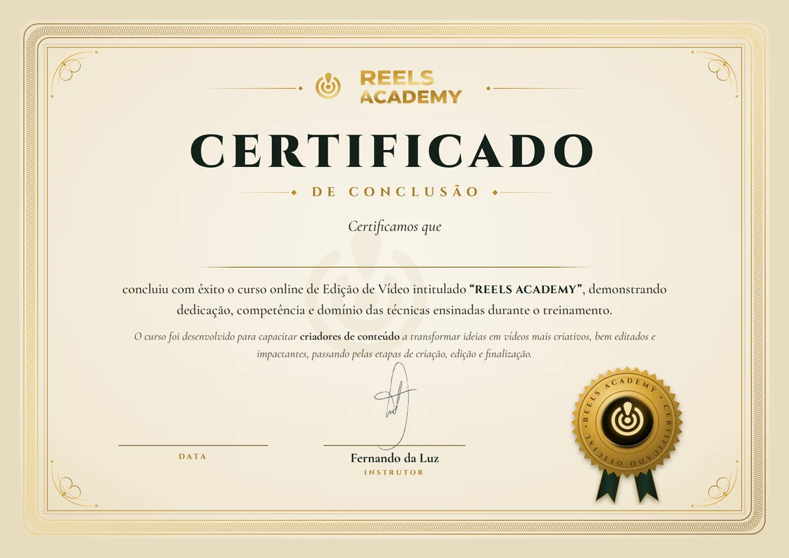 Certificado de conclusão do curso Reels Academy, assinado pelo instrutor Fernando da Luz